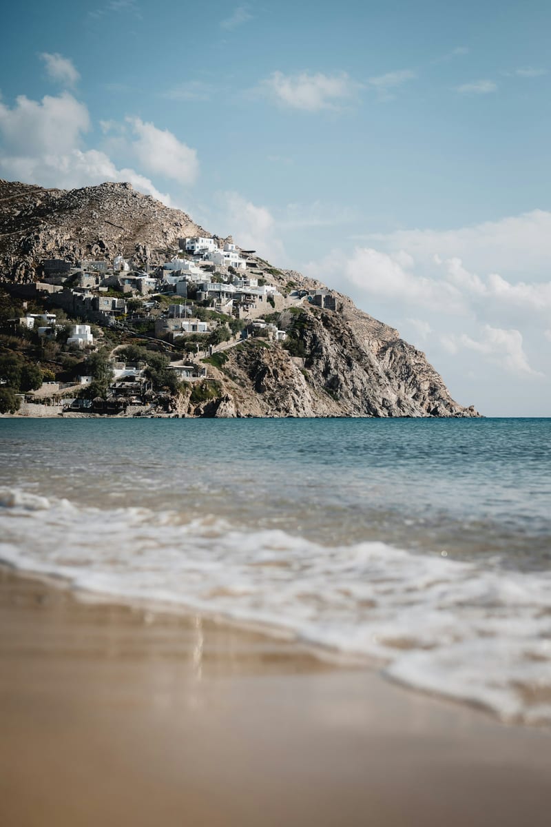 Sandy beach context for an Elia Beach break from Mykonos Town