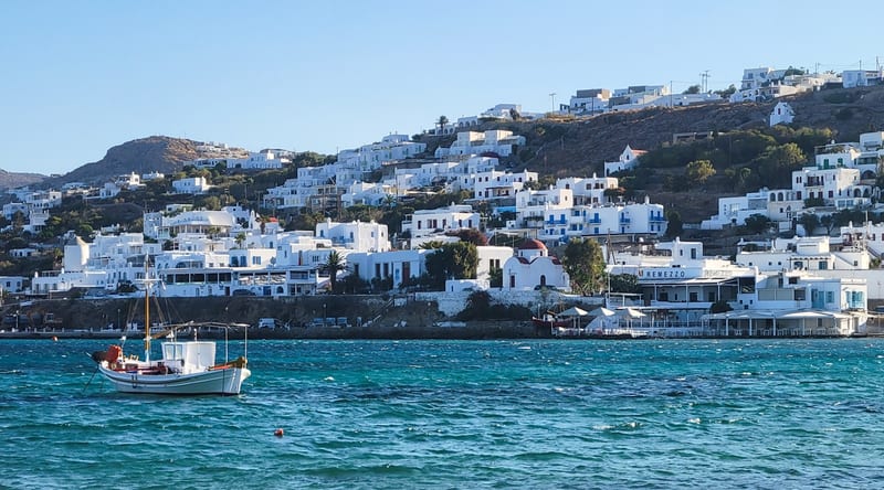 Aegean swimming context for Rhenia Island boat days from Mykonos